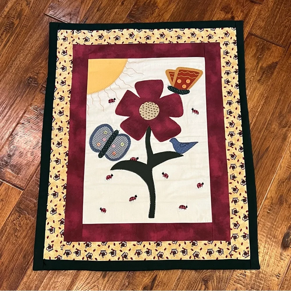 Hand Crafted Wall Tapestry or Table Topper Decor Burgundy Yellow Floral Design